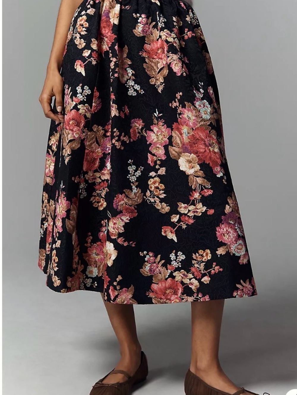 Maeve Black Floral Midi Skirt with Pink and Brown Blooms